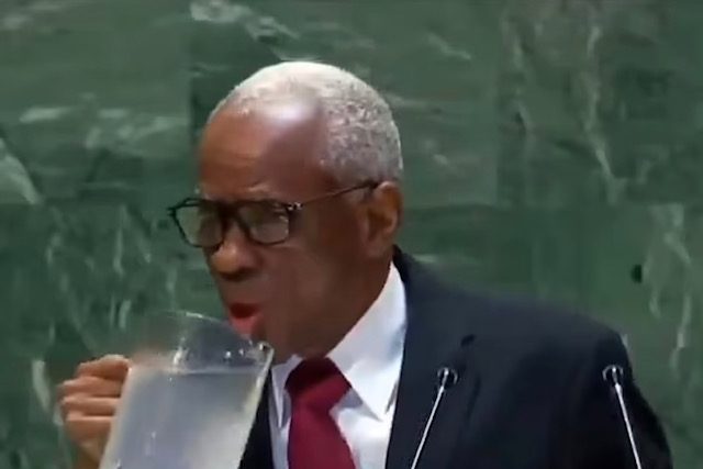 Haitian leader embarrasses himself drinking water from jar during speech at the UN