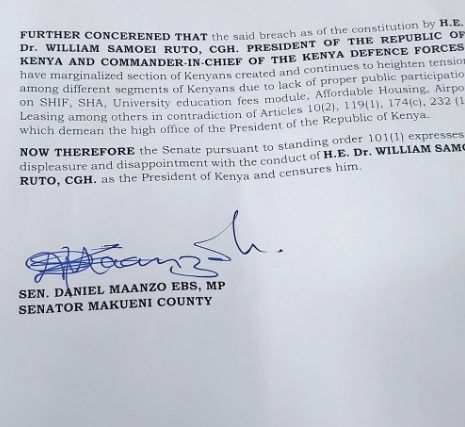 Senator Dan Maanzo files a Censure motion against President William Ruto