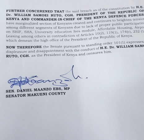 Makueni Senator Dan Maanzo files a Censure motion against President William Ruto